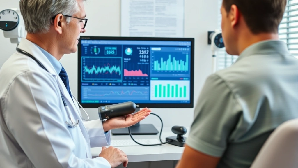 Physician in white coat reviewing health charts and vital signs with patient in clinical setting, showing blood pressure monitor and wellness metrics on computer screen, professional medical environment