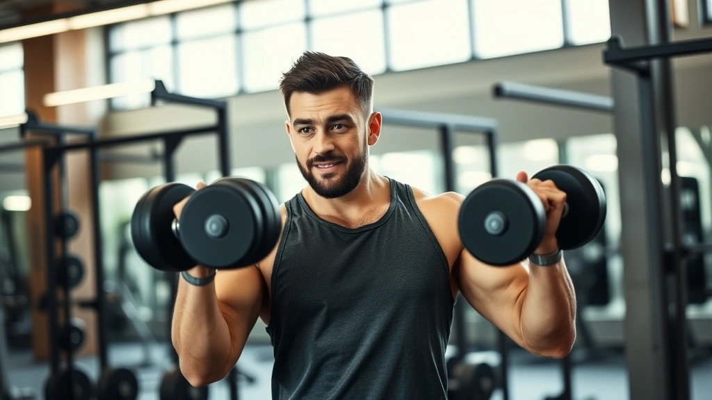 Professional man in modern gym doing strength training with dumbbells, focused expression, athletic wear, bright natural lighting, motivational fitness environment