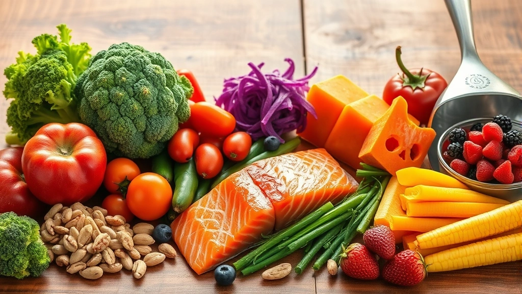 Colorful fresh vegetables and lean proteins arranged on wooden table, whole foods including broccoli, salmon, berries, nuts, vibrant natural lighting, nutritious meal prep setting