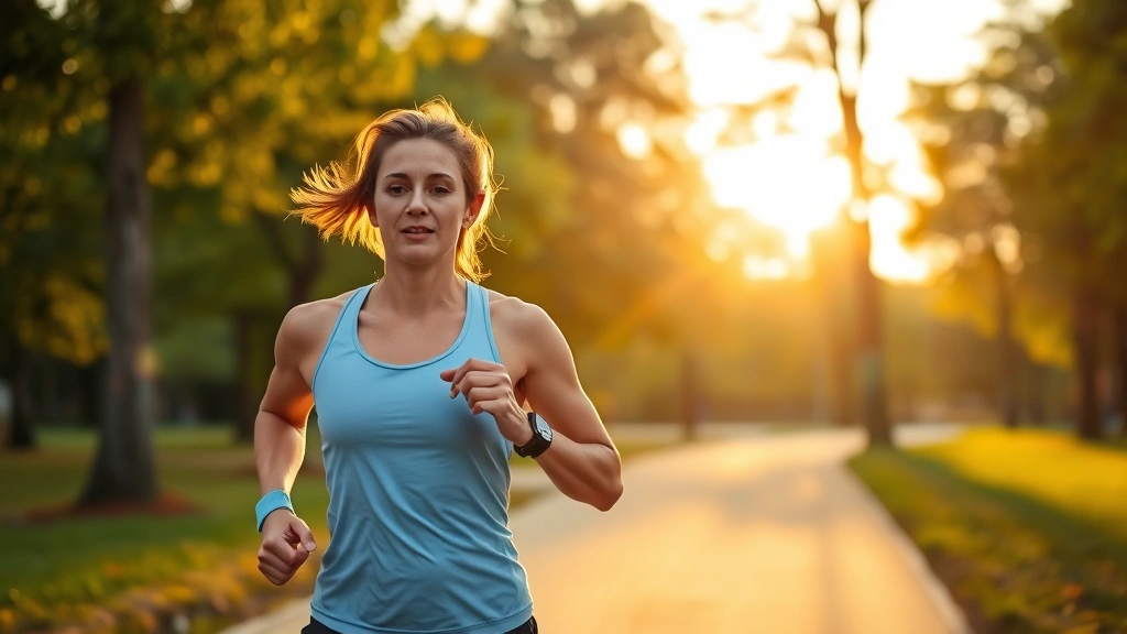 Person jogging outdoors in park during golden hour sunrise, athletic wear, determined expression, trees and natural scenery, health and wellness lifestyle imagery