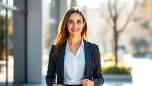 Woman in professional attire standing confidently outdoors with natural lighting, healthy glowing skin, modern business casual clothing, morning sunlight, confident posture, wellness-focused appearance