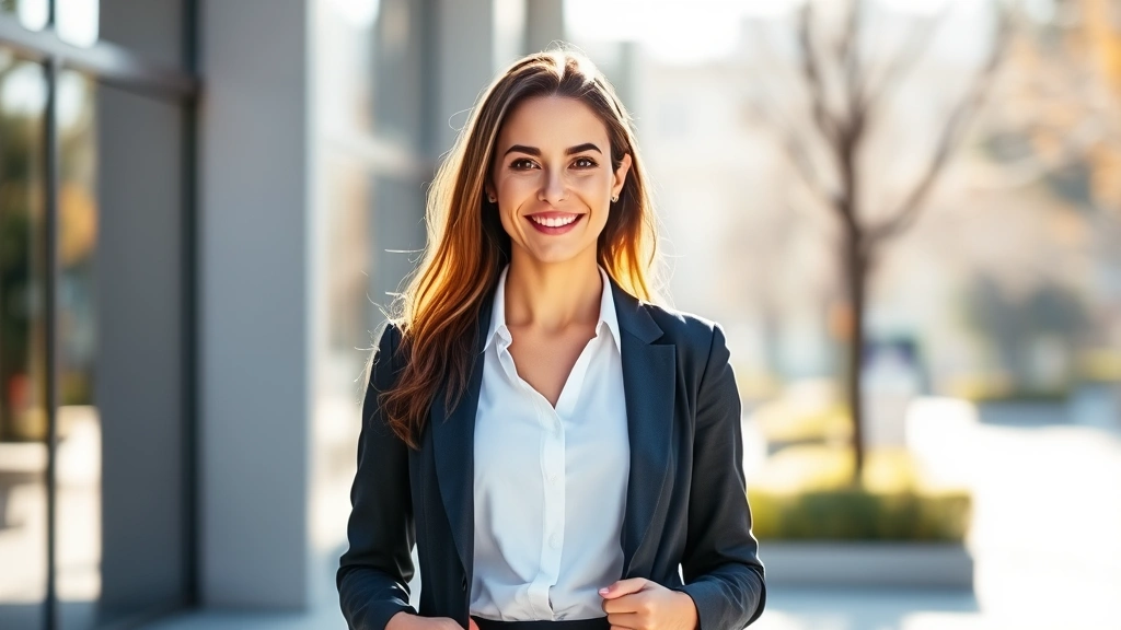 Woman in professional attire standing confidently outdoors with natural lighting, healthy glowing skin, modern business casual clothing, morning sunlight, confident posture, wellness-focused appearance