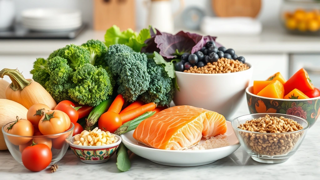 Colorful fresh vegetables and lean proteins arranged on kitchen counter, natural lighting, healthy meal components including broccoli, salmon, berries, nuts, and whole grains in bowls