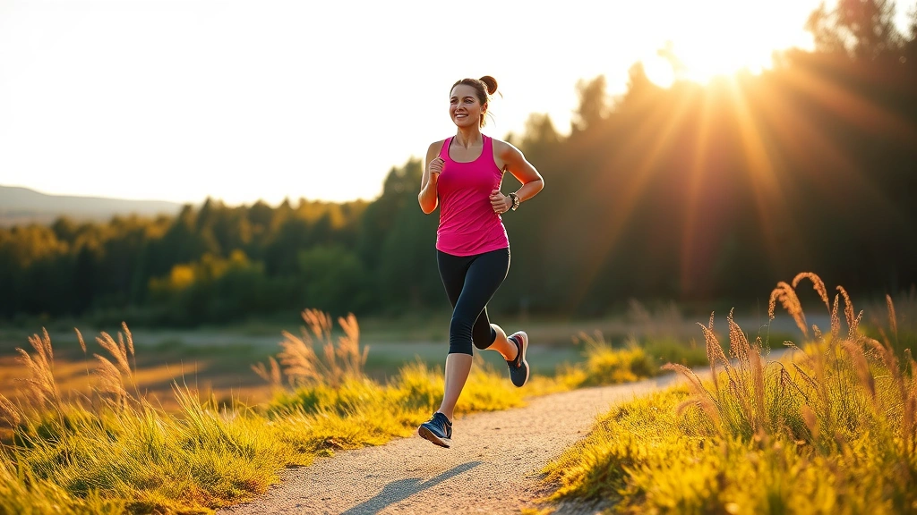 Woman jogging on outdoor trail during golden hour, athletic wear, natural landscape background, fit and energetic movement, sunshine, trees and nature setting, wellness activity
