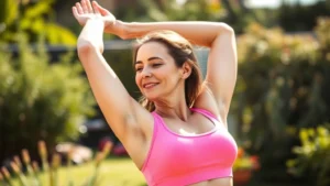 Woman in bright fitness attire stretching outdoors in morning sunlight, healthy glow, peaceful expression, natural garden background, wellness and vitality