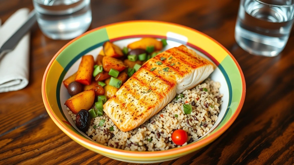 Colorful bowl with grilled salmon, quinoa, roasted vegetables, and fresh herbs, served on wooden table with water glass and napkin, nutritious meal