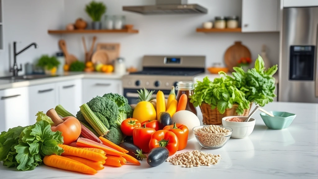 A bright, modern kitchen with fresh colorful vegetables, lean proteins, and whole grains arranged on countertops, showing meal preparation for healthy eating