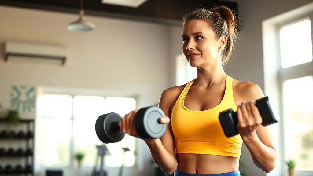 Woman in bright athletic wear performing strength training with dumbbells in modern home gym, natural morning light streaming through windows, focused and energized expression