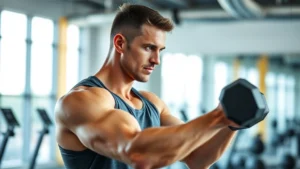 Fit middle-aged man in athletic wear performing a dumbbell exercise in a bright, modern gym with natural lighting, focused expression, professional health and wellness photography