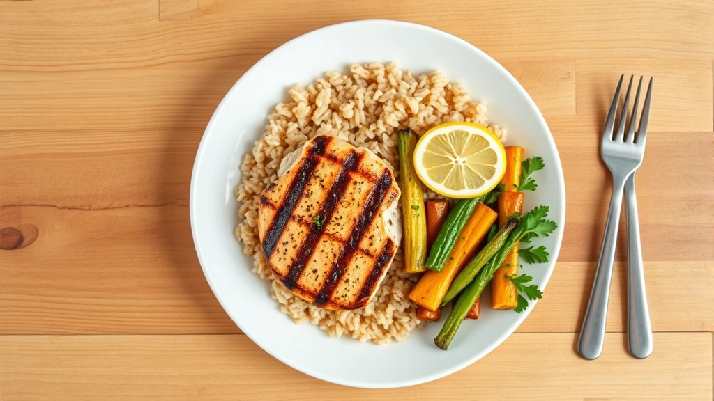 Overhead flat lay of a healthy meal plate featuring grilled chicken breast, brown rice, roasted vegetables, and fresh lemon, on white ceramic plate with wooden table background