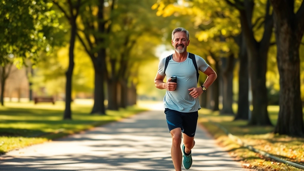 Active middle-aged man jogging outdoors on a sunny morning through a tree-lined park path, wearing athletic gear, showing cardiovascular fitness and wellness lifestyle
