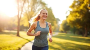 Woman exercising outdoors on sunny day, smiling during morning jog through park with trees, wearing athletic clothes, natural daylight