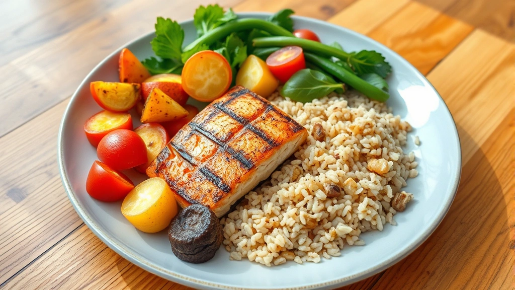 Healthy colorful meal plate with grilled salmon, roasted vegetables, and brown rice, fresh ingredients visible, natural lighting on wooden table