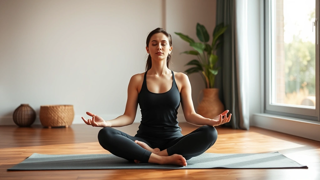 Woman meditating peacefully indoors on yoga mat, serene expression, natural window light, calm home environment, wellness focus