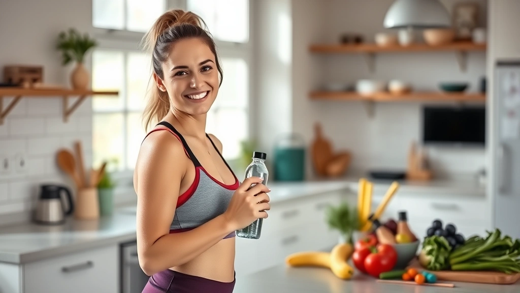 Woman in athletic wear smiling confidently while holding a water bottle in a bright, modern kitchen with fresh vegetables and healthy foods visible on the counter