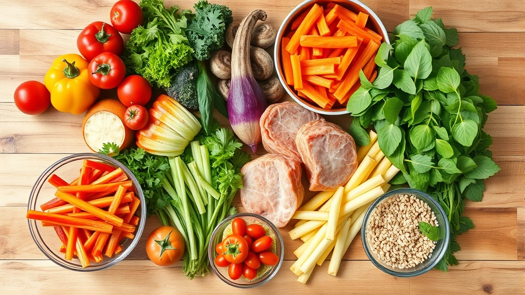 Healthy meal prep scene with colorful vegetables, lean proteins, and whole grains arranged on a wooden table with natural lighting, representing balanced nutrition