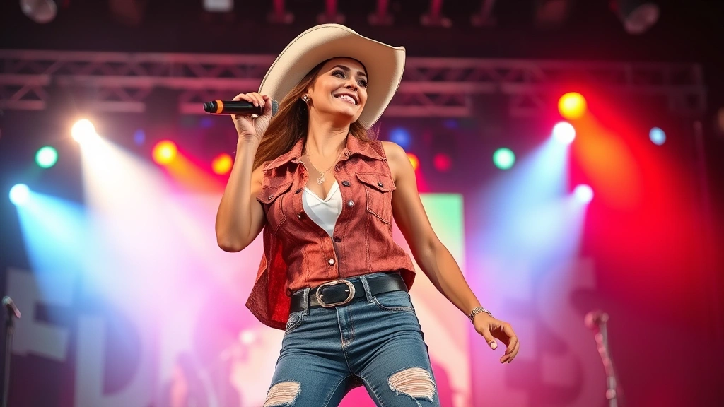 Woman in country concert outfit performing energetically on stage with confidence and strength, professional lighting, vibrant stage setting, showing athletic movement and stage presence