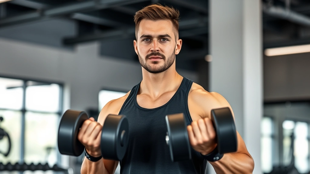 Person doing strength training with dumbbells in modern gym setting, focused expression, proper form, natural lighting, wearing athletic wear, showing muscle definition and fitness dedication