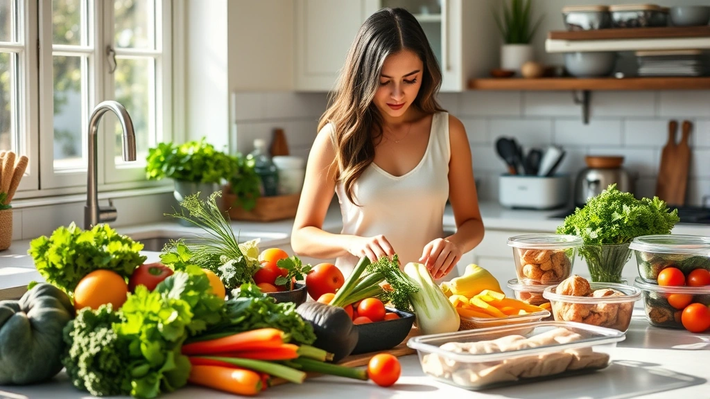 Woman preparing fresh vegetables and lean proteins in bright kitchen, colorful fresh produce on counter, meal prep containers visible, healthy ingredients displayed, natural morning light through windows