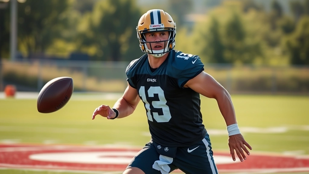 Athletic male quarterback in training gear performing dynamic agility drill on field, moving laterally with intensity, muscular defined physique, professional sports setting, morning sunlight