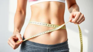 Woman measuring her waist with a tape measure, showing positive body transformation progress, wearing comfortable workout clothes, bright natural lighting, healthy confident expression