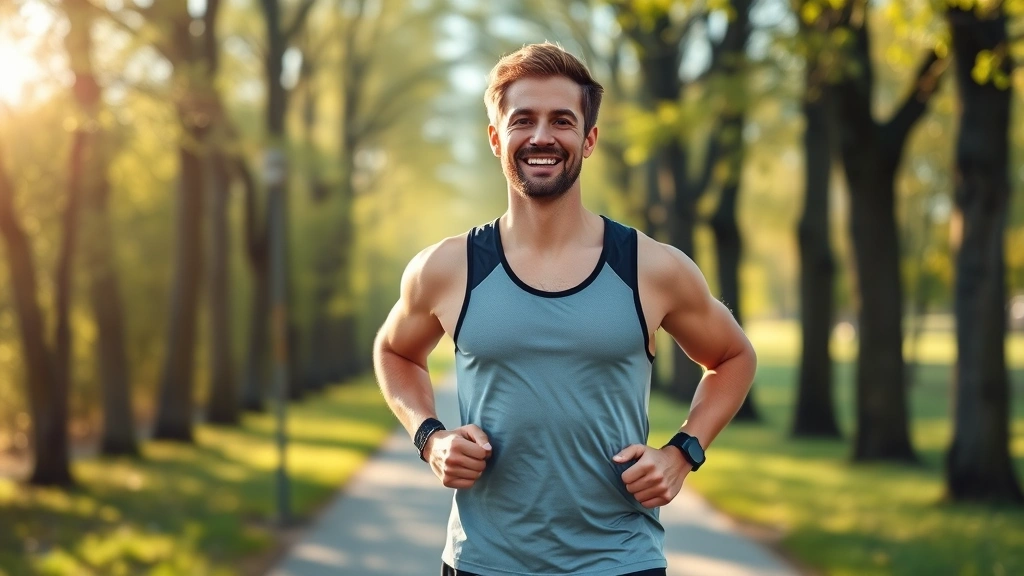Athletic man in fitness gear during outdoor morning jog on tree-lined path, smiling with confidence and health radiating from face, natural daylight