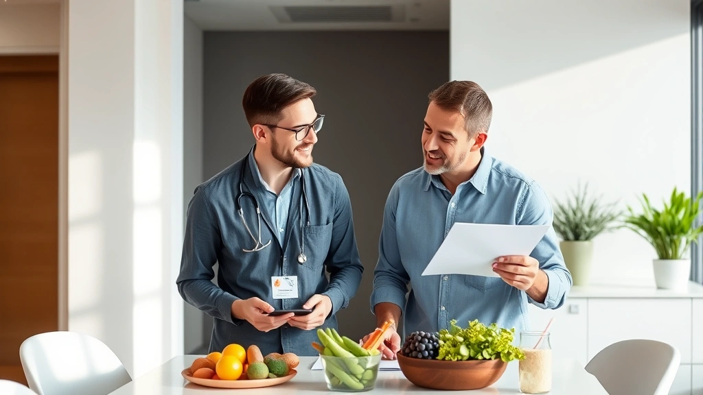 Diverse registered dietitian consulting with male patient about nutrition plan at bright modern clinic, both reviewing healthy meal components on table