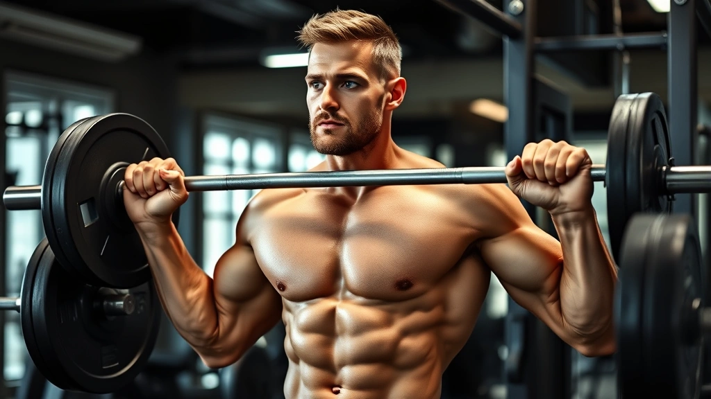 Fit male actor in professional gym setting performing compound barbell exercises with proper form, muscular definition visible, focused intense expression, modern gym equipment background, natural lighting