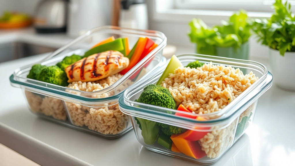 Healthy meal prep containers with grilled chicken breast, brown rice, steamed broccoli, and colorful vegetables, clean kitchen counter, fresh whole foods arranged appealingly, bright daylight