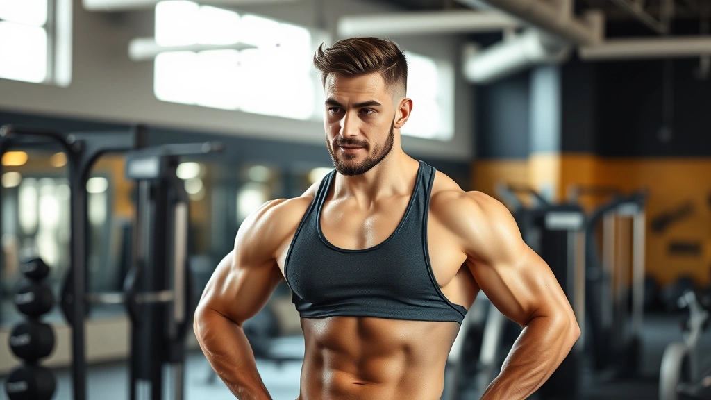 Confident athletic man in gym attire checking fitness progress, strong physique, healthy skin tone, motivational gym environment with training equipment, positive energy and determination visible