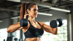 Athletic woman performing dumbbell strength training in bright gym with natural lighting, muscular definition visible, energetic and focused expression