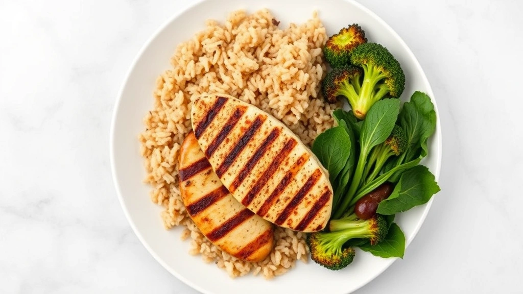 Overhead shot of colorful balanced meal plate with grilled chicken breast, brown rice, roasted broccoli, and leafy greens on white plate