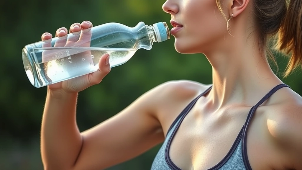 Person drinking water from glass bottle after workout, athletic wear, healthy glow, natural outdoor setting with green background