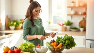 Woman in bright kitchen preparing colorful vegetable salad with fresh produce, natural morning light, warm and inviting atmosphere, healthy lifestyle setting