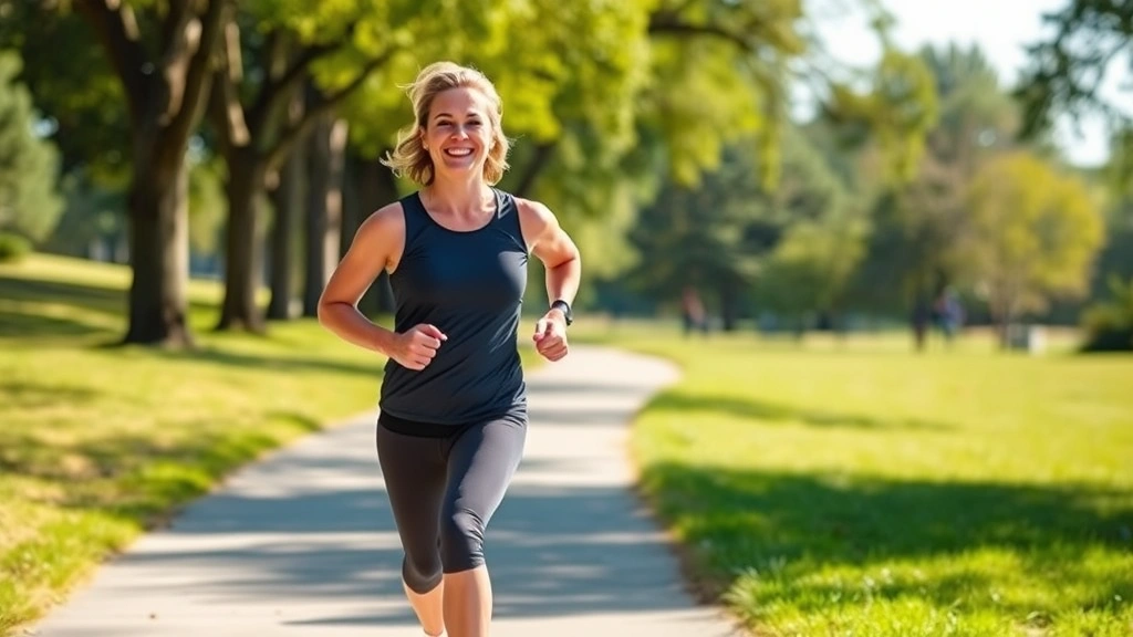 Person jogging outdoors on sunny path through park, wearing comfortable athletic wear, smiling with natural energy, trees and greenery in background