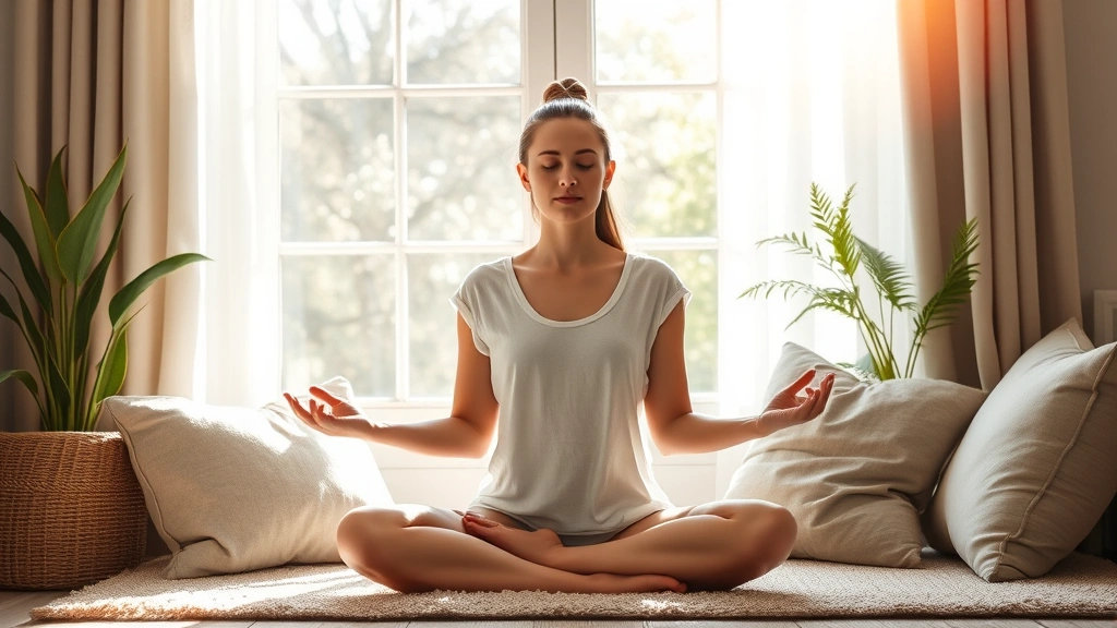 Woman meditating peacefully in cozy living room by window, natural light streaming in, comfortable cushions, serene and calm wellness moment