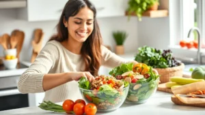 A person smiling while preparing a colorful salad with fresh vegetables, whole grains, and lean protein at a bright kitchen counter, natural lighting, healthy food preparation lifestyle photography