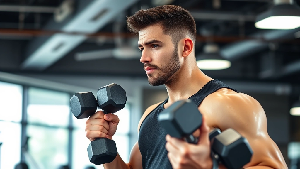 An athlete performing strength training with dumbbells in a modern gym setting, focused expression, mid-exercise form, bright professional lighting, fitness and wellness environment