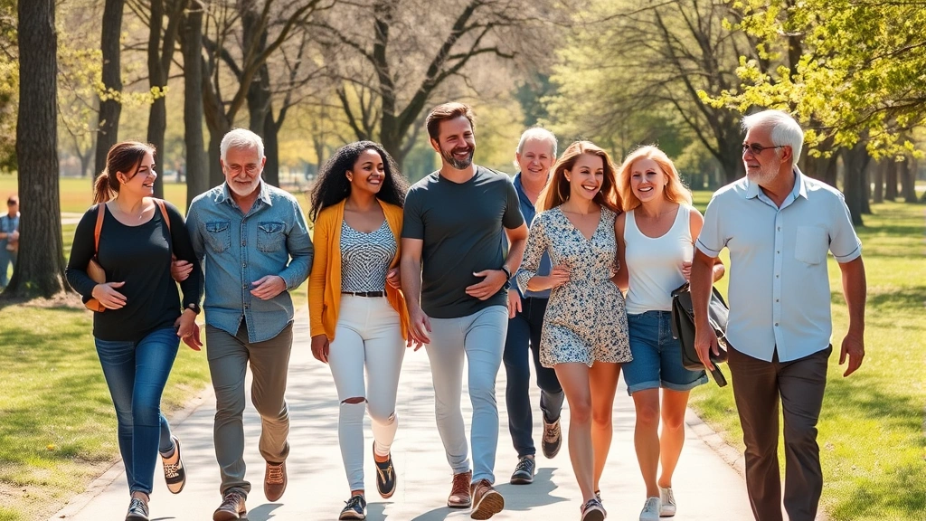 A diverse group of people walking together outdoors on a sunny path through a park, smiling and engaged, natural movement, community support and healthy lifestyle imagery