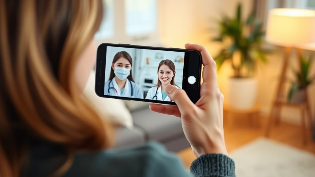 Woman using smartphone video call with healthcare provider in comfortable home setting, warm lighting, professional yet relaxed atmosphere, showing supportive medical consultation