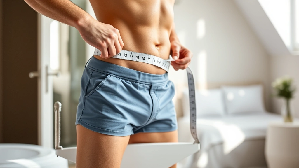 Person measuring waist with measuring tape while standing on bathroom scale in bright bedroom, natural morning light, focused and positive expression, wellness tracking moment