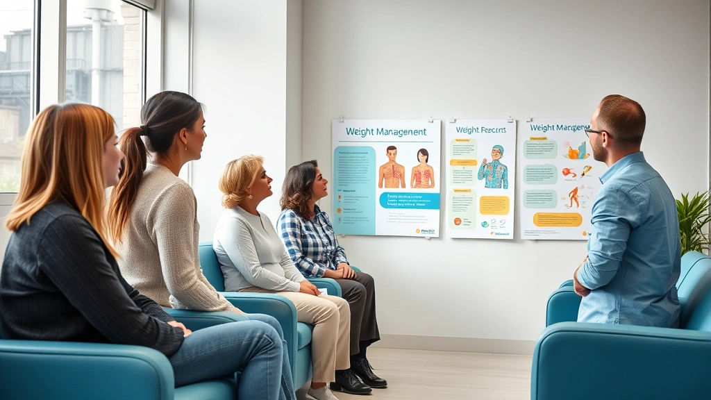Diverse group of adults in modern clinic waiting area looking at educational health posters about weight management, natural light from windows, professional healthcare environment