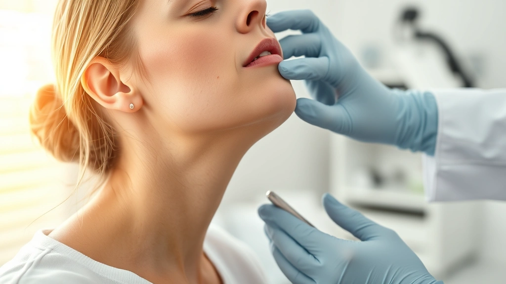 Woman in clinical setting having thyroid examined by healthcare provider, focused professional medical care, natural lighting