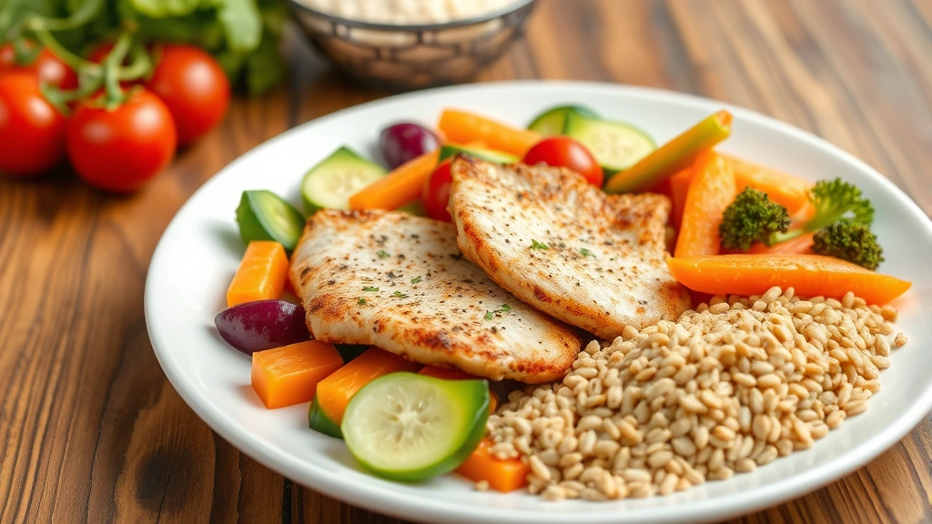 Nutritious meal plate with lean protein, colorful vegetables, and whole grains, balanced healthy eating, appetizing presentation