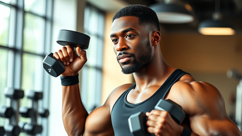 Athletic Black man in gym setting performing resistance training with dumbbells, focused expression, modern fitness facility background, natural lighting, professional athletic wear
