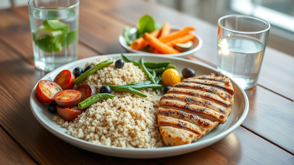 Nutritious meal spread featuring grilled chicken breast, quinoa, roasted vegetables, and fresh water glass on wooden table, bright natural light, appetizing presentation