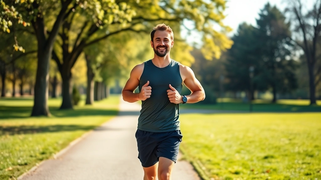 Man jogging outdoors on sunny morning through park path, confident athletic posture, trees and natural scenery background, health-focused energy, diverse representation