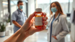 Person holding medication bottle in bright, modern clinic setting with health professional in background, warm natural lighting, professional healthcare environment