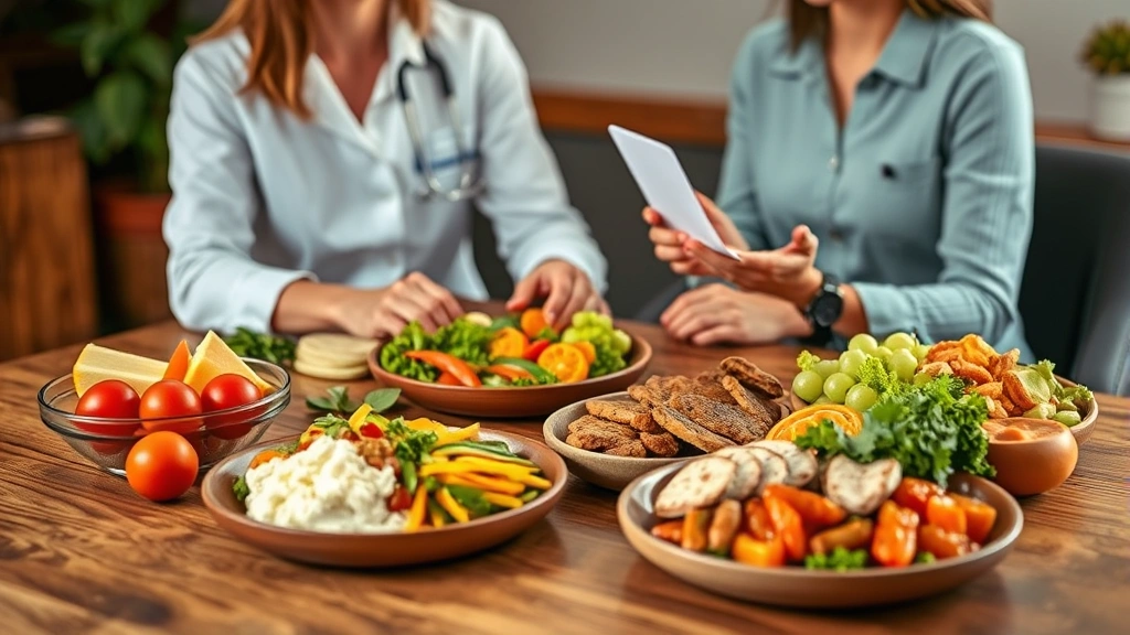 Registered dietitian showing healthy meal options with colorful vegetables and proteins on wooden table, professional nutrition consultation setting, warm lighting