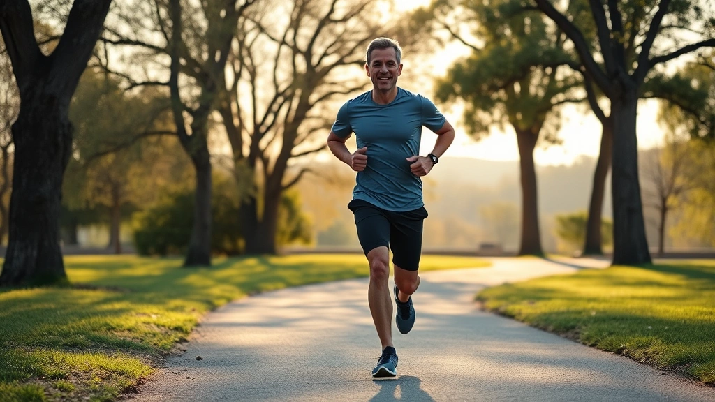 Active person jogging through scenic park with trees and natural landscape, wearing comfortable workout clothes, appearing energized and healthy, morning or golden hour lighting